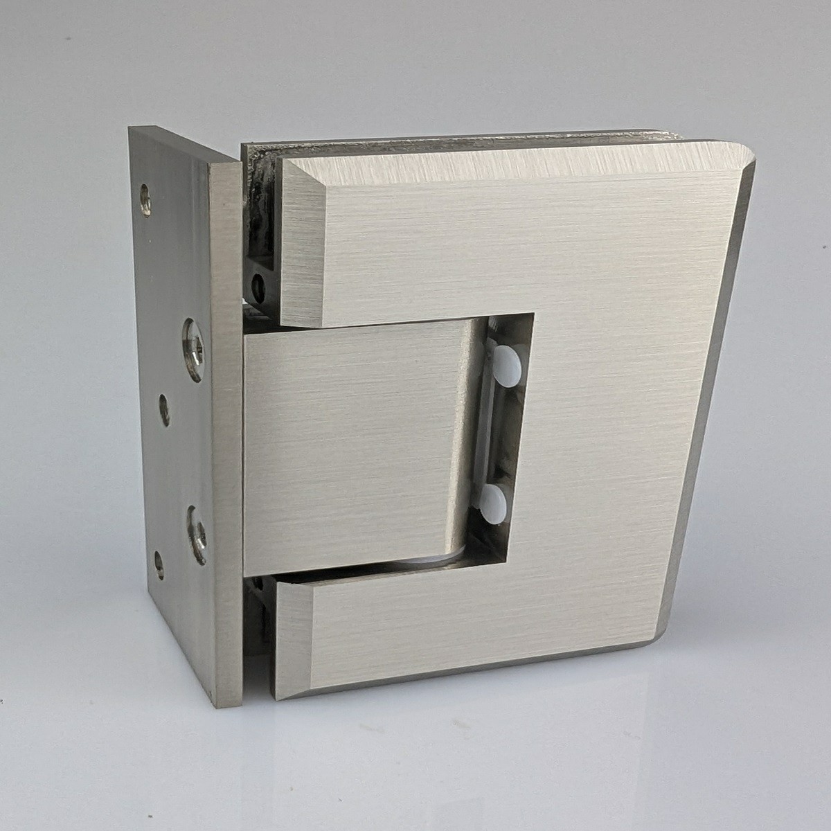 Bevelled glass to wall hinge brushed nickel 
